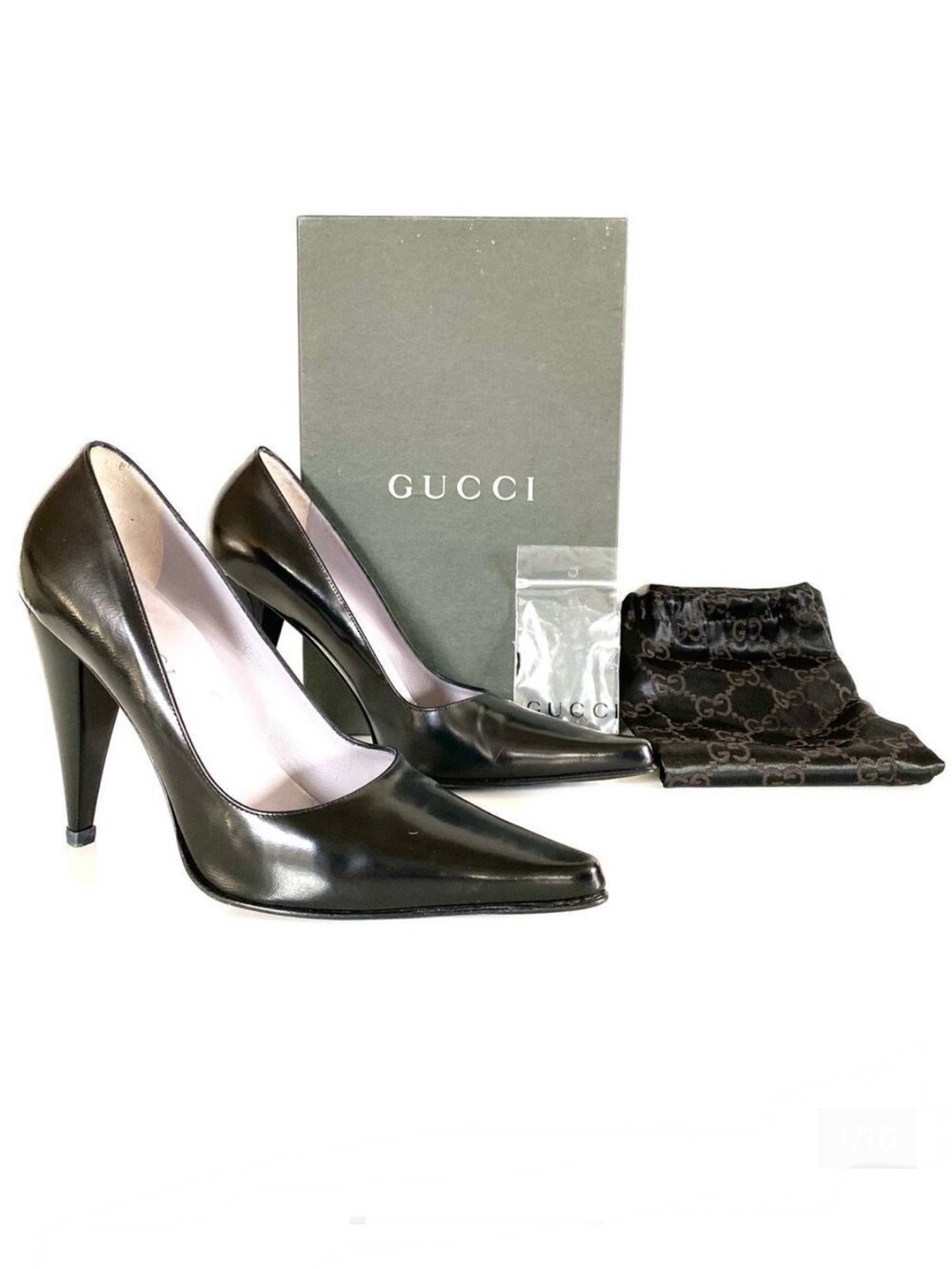 Gucci Black Brush Calf Leather Décolleté Pumps 7.5 B Made in Italy Cone Heel